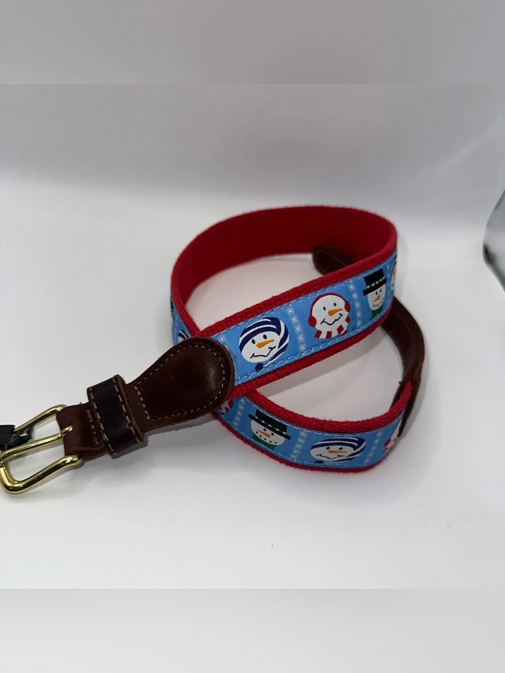 Preston Leather Snowman Holiday Belt Solid Brass Buckle Kids Size 22 Made in USA